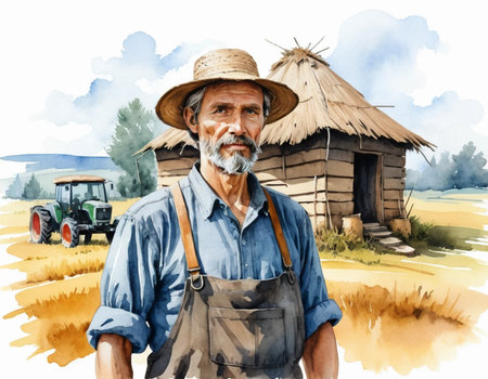 Portrait of an old farmer standing in front of a farmhouseの素材