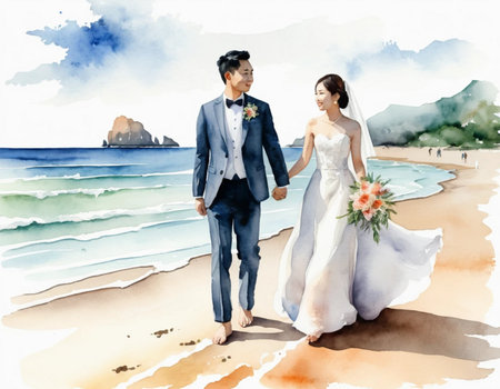 Beautiful bride and groom on the beach. Watercolor painting.の素材