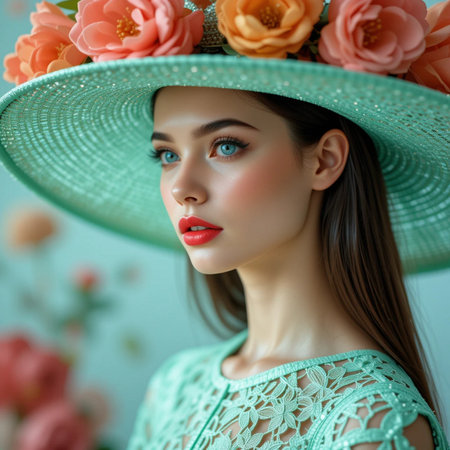 Portrait of a beautiful young woman in a hat with flowers.の素材