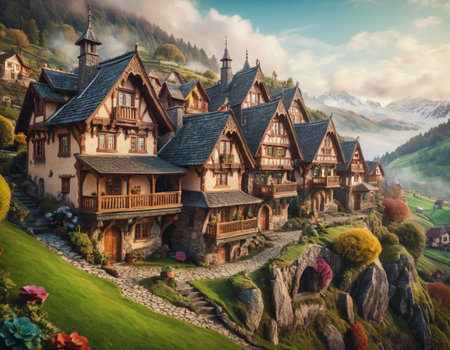 Mountain village with wooden houses in the mountains. 3d renderingの素材