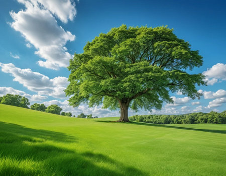 Green meadow and big tree on blue sky background. 3d renderの素材