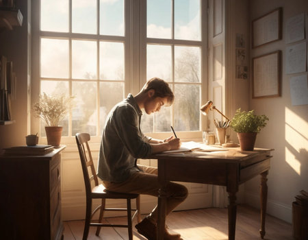 Young man writing in notebook at table in room with window on backgroundの素材