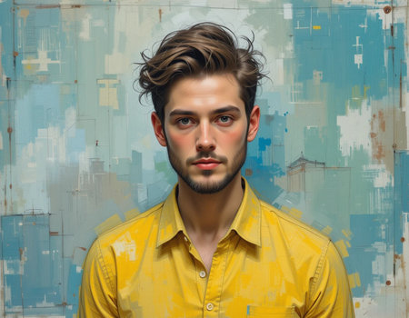 Portrait of young handsome man in yellow shirt. Studio shot.の素材
