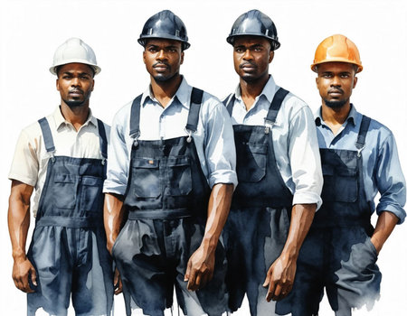 Group of workers wearing hardhat and overalls against white background.の素材