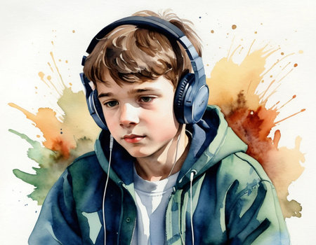 Portrait of a boy with headphones and watercolor splashes.の素材