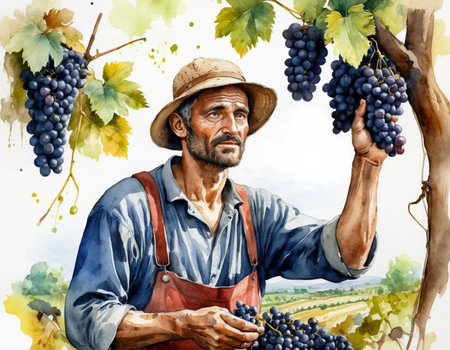Vineyard Farmer with bunch of grapes. Watercolor illustrationの素材