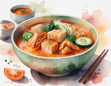 Watercolor illustration of Japanese noodle soup with tofu and vegetablesの素材