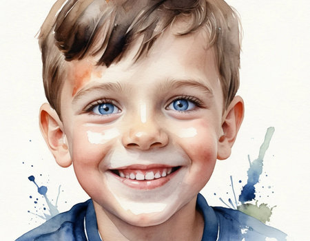 portrait of a boy with a smile on his face painted in watercolorの素材