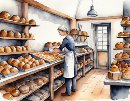 Baker in a bakery. Digital watercolor painting on canvas.の素材