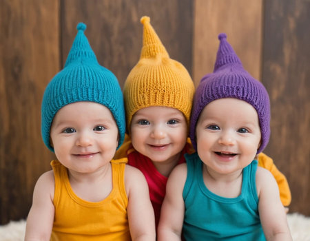 Portrait of three cute little baby boys in colorful hats on a wooden backgroundの素材