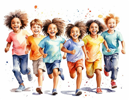 Group of happy kids running together. Isolated over white background.の素材