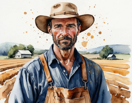 Digital watercolor painting of a farmer standing in a wheat field.の素材
