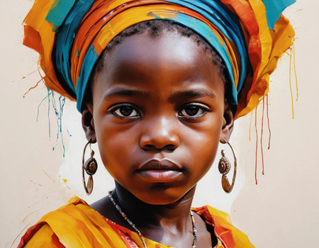 Portrait of a cute little African girl in colorful clothes.の素材