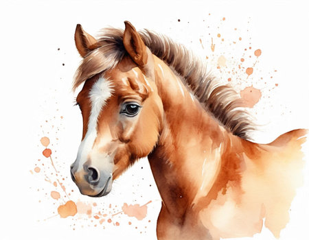 Watercolor portrait of a bay horse. Digital painting on white backgroundの素材
