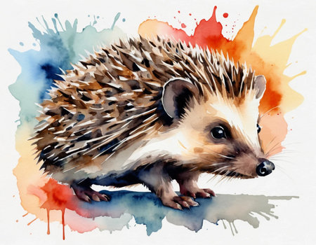 Hedgehog with watercolor splashes. Watercolor illustration.の素材