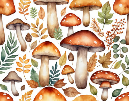 Seamless pattern with mushrooms and autumn leaves. Watercolor illustrationの素材