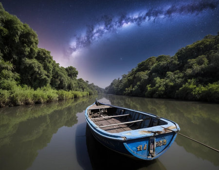 Boat on the river at night with stars and milky wayの素材