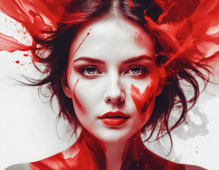 Fashion portrait of young beautiful woman with creative makeup and red paint splashesの素材
