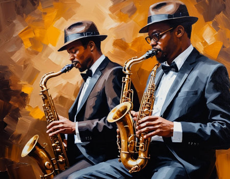 African american jazz musicians playing saxophone in front of abstract background.の素材