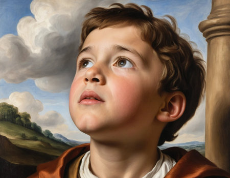 Portrait of a boy in a renaissance dress, looking at the skyの素材