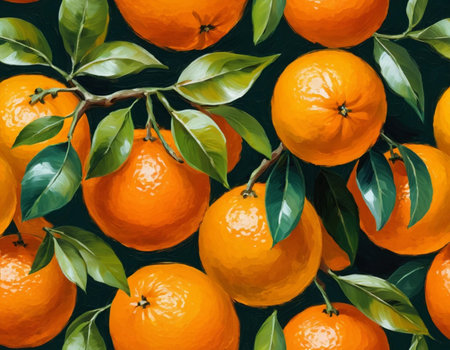 Seamless pattern with tangerines on a dark background. Hand-drawn illustration.の素材