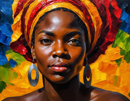 African American woman in a headscarf on a colorful background.の素材