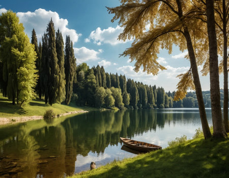 Lake in a park with a boat and trees in the background.の素材