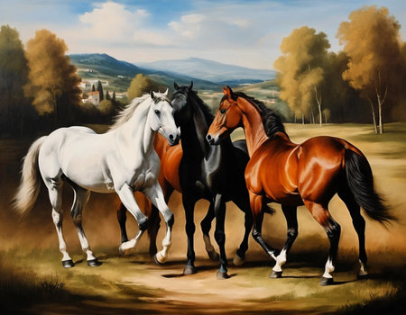 Three horses on a background of autumn landscape. Painting on canvas.の素材