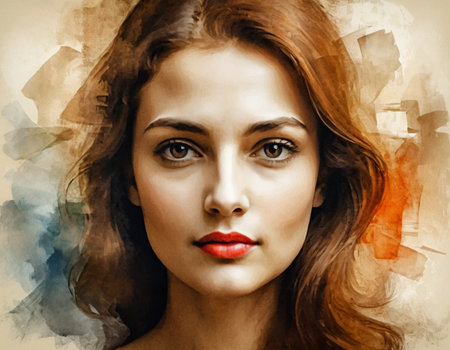 Portrait of a beautiful young woman with red lips and long hairの素材