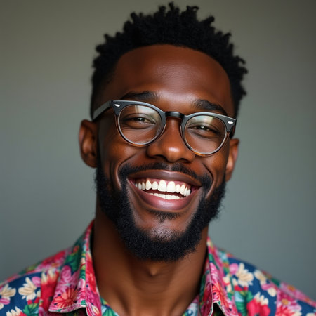 Portrait of a happy young African American man wearing glassesの素材