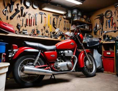 Red motorcycle in a garage with tools. Selective focus and shallow depth of field.の素材