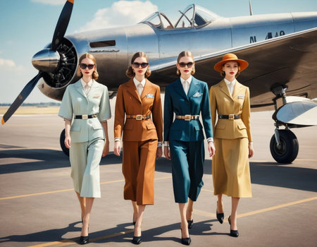 Portrait of a group of businesswomen standing in front of an airplaneの素材