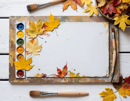 Paint brushes, paints and autumn leaves on a white wooden backgroundの素材