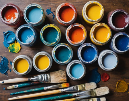 Paint brushes and paints on a wooden background. Top view.の素材