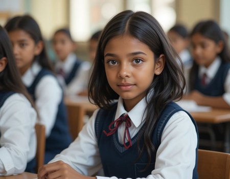 Portrait of cute Indian schoolgirl sitting at desk in classroomの素材