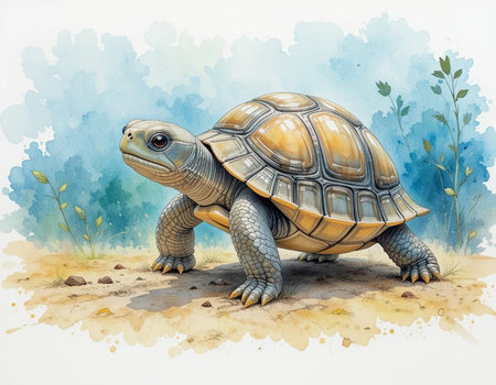 watercolor illustration of a tortoise on the sand in the wildの素材