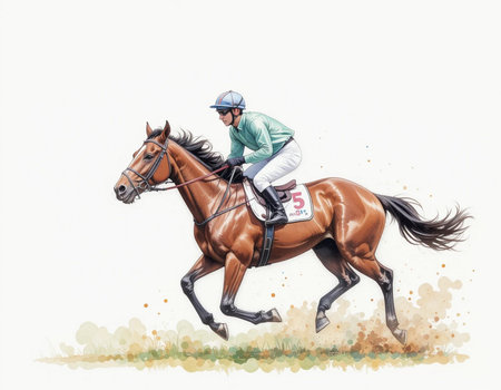 Horse jockey on racecourse. Watercolor hand drawn illustrationの素材