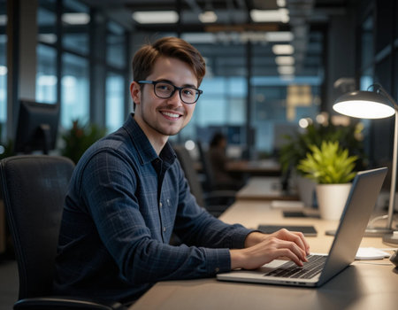 Portrait of young businessman working on laptop at desk in the officeの素材