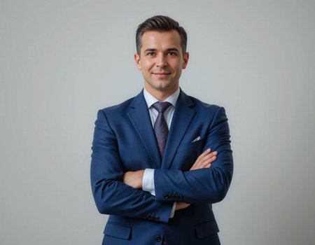 Portrait of a confident young businessman standing with arms crossed over gray backgroundの素材