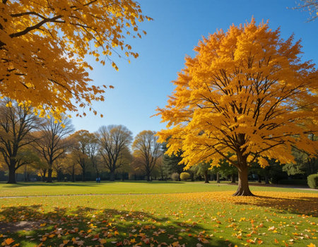 Maple tree with yellow leaves in the park. Autumn season.の素材