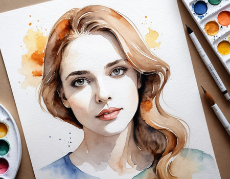 Close-up portrait of beautiful young woman with watercolor paints.の素材