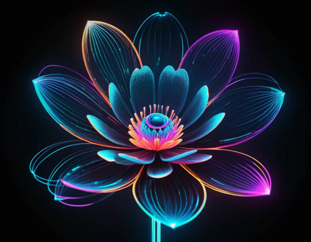 Lotus flower on black background. 3D rendering. Neon lights.の素材