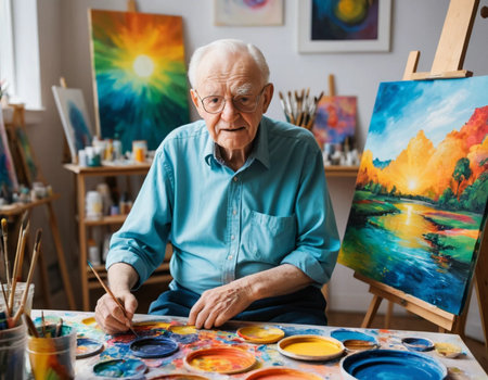 Elderly artist painting picture in his studio. He is sitting at his workplace and smiling.の素材