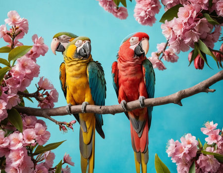 Colorful macaws sitting on a branch with pink sakura flowersの素材