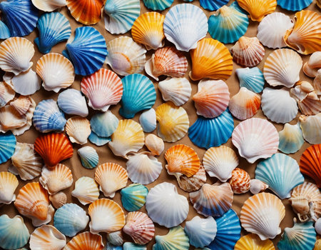 Seashells background. Top view of colorful seashells.の素材