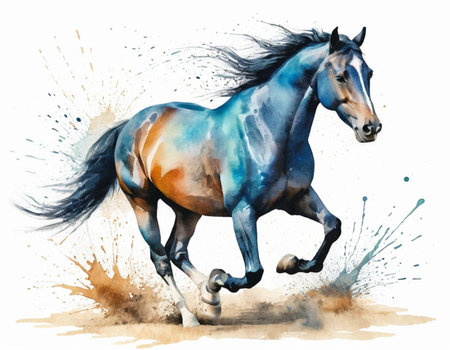 Horse running with splashes of watercolor paint on white backgroundの素材