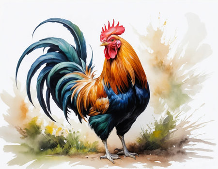 Watercolor painting of a rooster on a white background. Roosterの素材