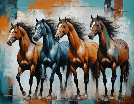 Horses on the background of an old wall. Oil painting on canvas.の素材