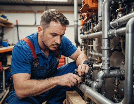 Handsome plumber repairing water pipes in a boiler room.の素材