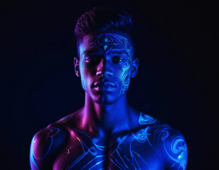 Portrait of young man with bodyart in neon light on black backgroundの素材